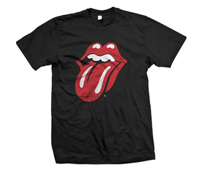 Black tee with famous rolling stones lips in red on front on white background