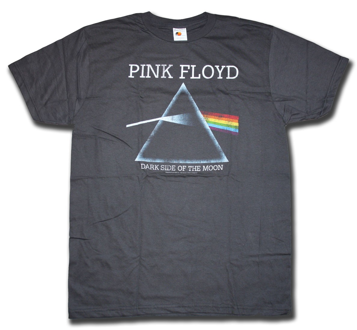 Pink Floyd prism design with rainbow on a grey tee on white background