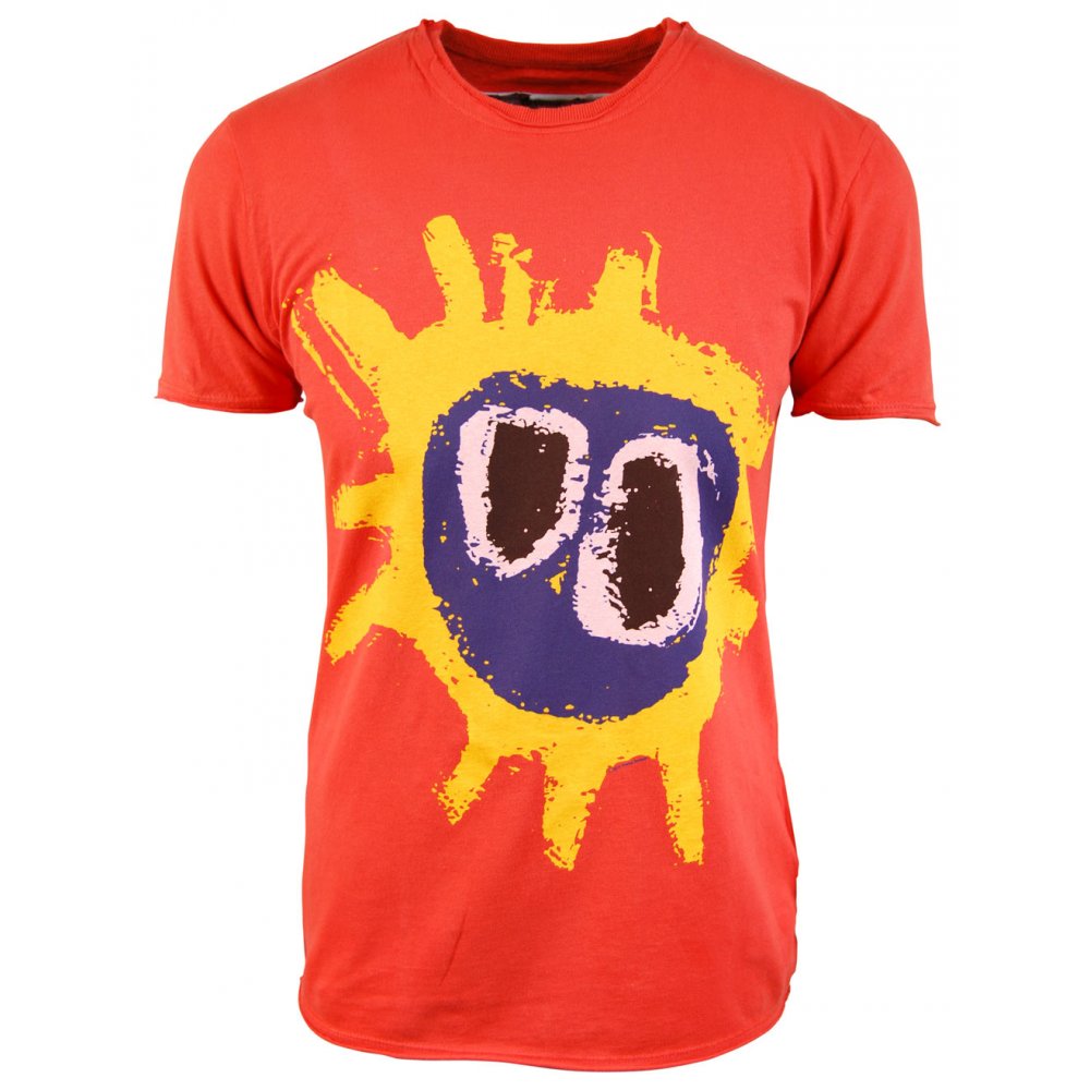 Screamadelica orange t-shirt with yellow, purple and black design on front on white background 