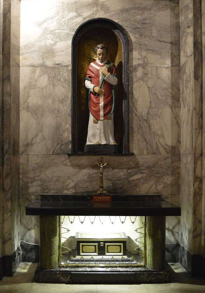 Statue of Saint Valentine and his remains at Whitefriar Church in Dublin city