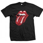Black tee with famous rolling stones lips in red on front on white background